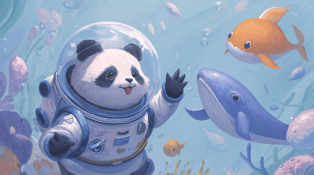 Kids-Mundo flat artwork of a panda astronaut meeting a whale and fish underwater
