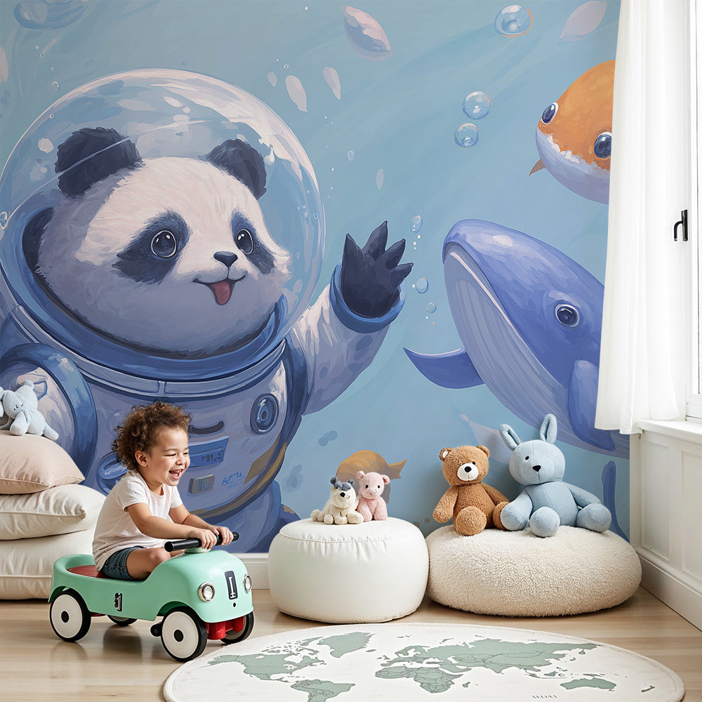 Kids-Mundo panda astronaut underwater wall mural styled in a soft blue nursery with a cot
