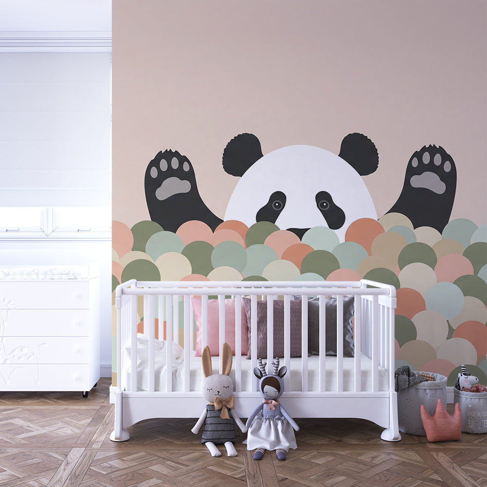 Kids-Mundo panda peekaboo wall mural behind a bed in a cosy kids bedroom