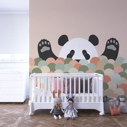 Kids-Mundo panda peekaboo wall mural behind a bed in a cosy kids bedroom