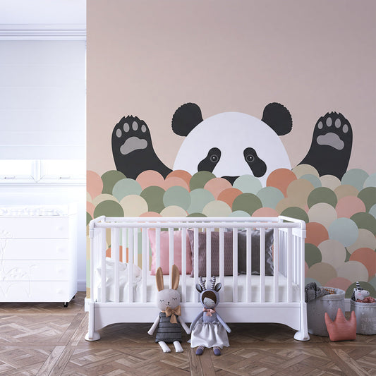 Kids-Mundo panda peekaboo wall mural behind a bed in a cosy kids bedroom