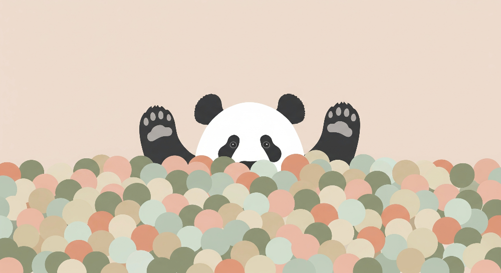 Flat artwork of the Kids-Mundo panda ball pit wall mural showing pastel tones