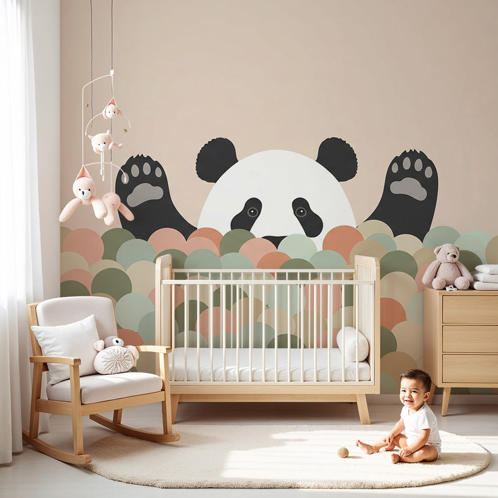 Panda ball pit wall mural by Kids-Mundo styled in a soft pastel nursery