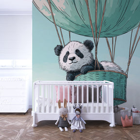 Whimsical panda balloon wallpaper transforming baby bedroom into sky adventure space