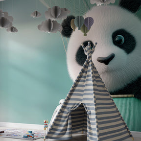 Blue panda hot air balloon wallpaper creating peaceful atmosphere in children's bedroom by Kids-Mundo