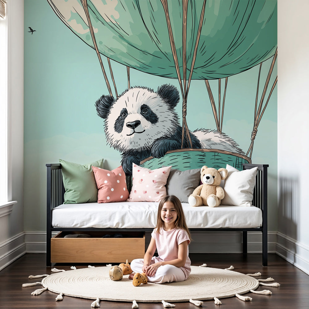 Panda hot air balloon mural wallpaper creating dreamy nursery atmosphere by Kids-Mundo