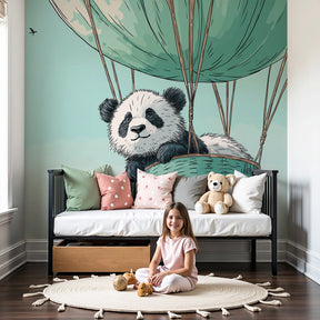 Panda hot air balloon mural wallpaper creating dreamy nursery atmosphere by Kids-Mundo