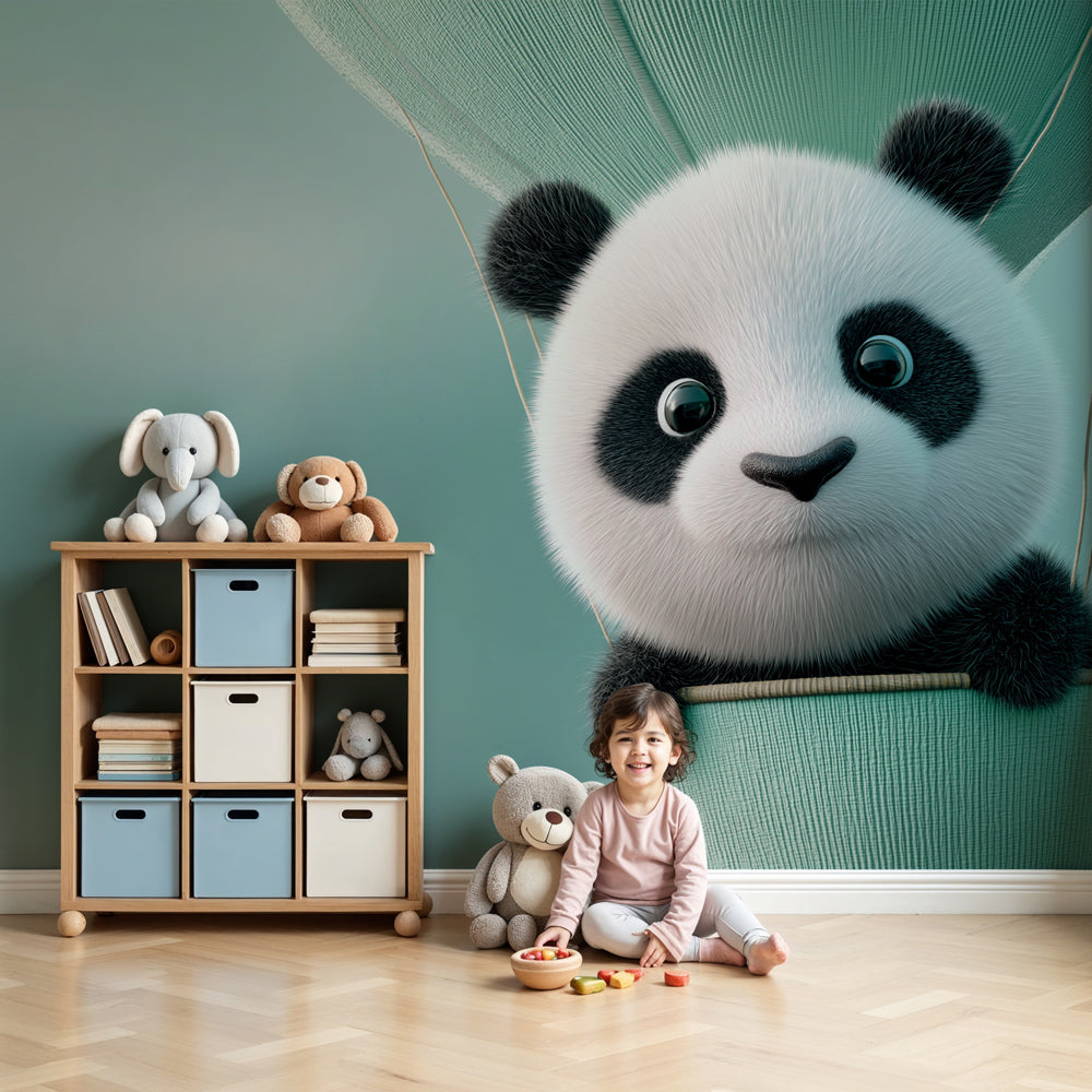 Panda balloon mural wallpaper in modern baby nursery with crib and soft lighting by Kids-Mundo