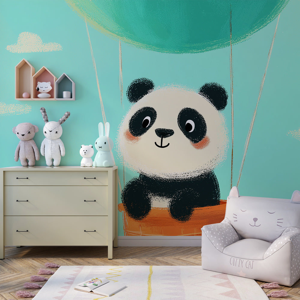 Kids playroom decorated with whimsical panda hot air balloon mural wallpaper