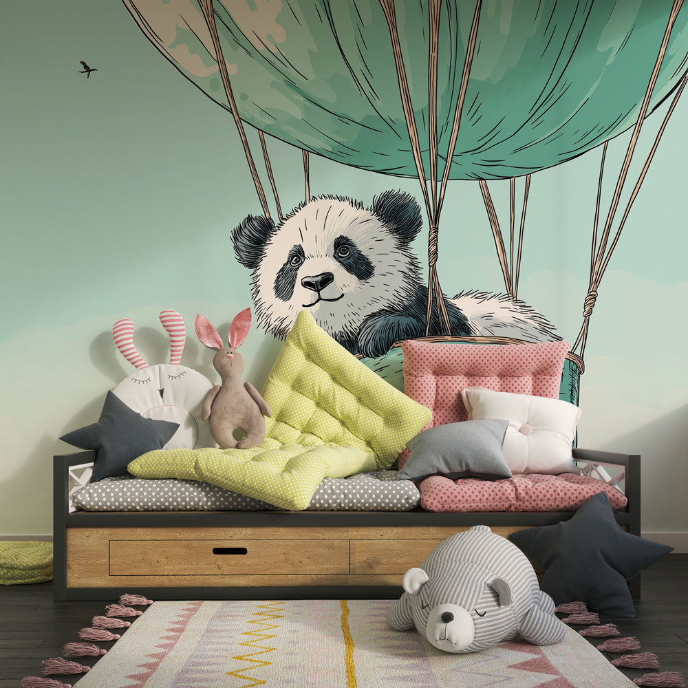 Gentle panda balloon mural wallpaper adding peaceful charm to children's playroom