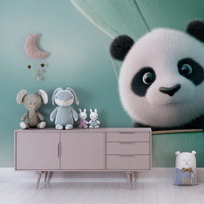 Cute panda balloon mural wallpaper transforming toddler room with pastel colors by Kids-Mundo