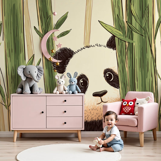Kids-Mundo panda bamboo forest wall mural styled in a calm baby nursery setting