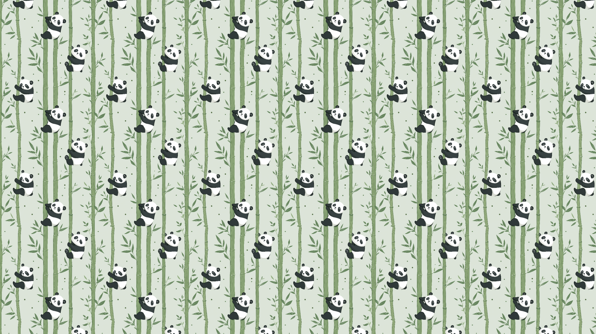 Kids-Mundo flat artwork of a repeating panda and bamboo pattern in soft sage green with black and white detailing.