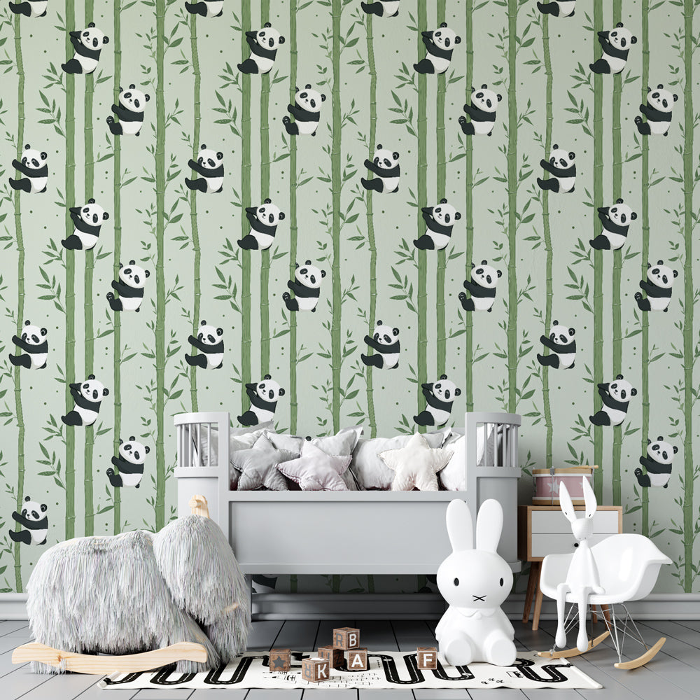 Kids-Mundo panda and bamboo pattern wall mural in a bright playroom with toy storage and a cosy reading nook.