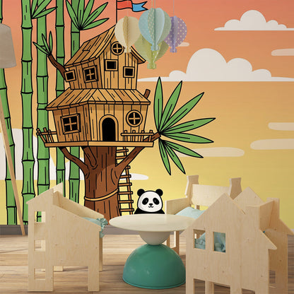 Kids-Mundo bamboo treehouse wall mural bringing woodland charm to a kids' bedroom.