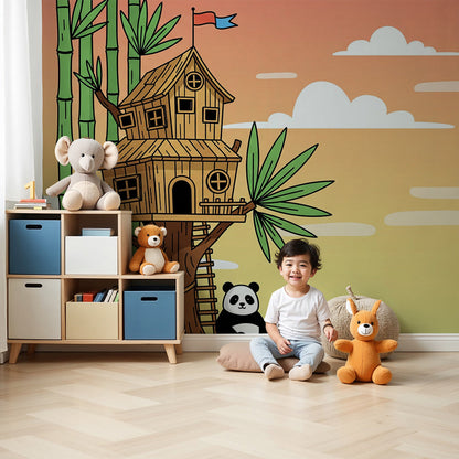 Kids-Mundo panda treehouse wall mural styled in a warm, bamboo-themed nursery.