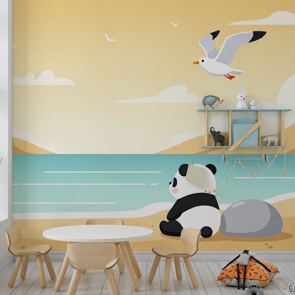Coastal panda mural wallpaper for baby room showing peaceful beach scene with gentle waves