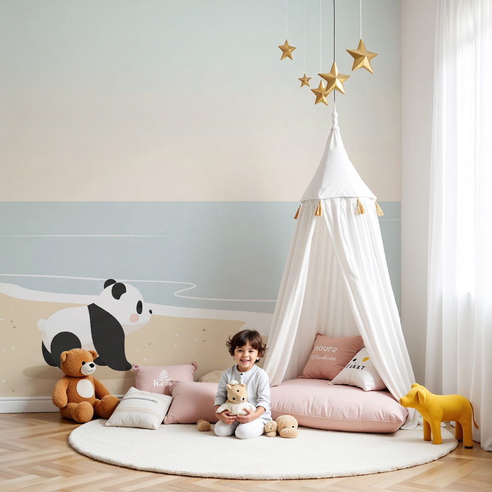 Panda beach mural wallpaper in modern nursery with natural wood furniture by Kids-Mundo