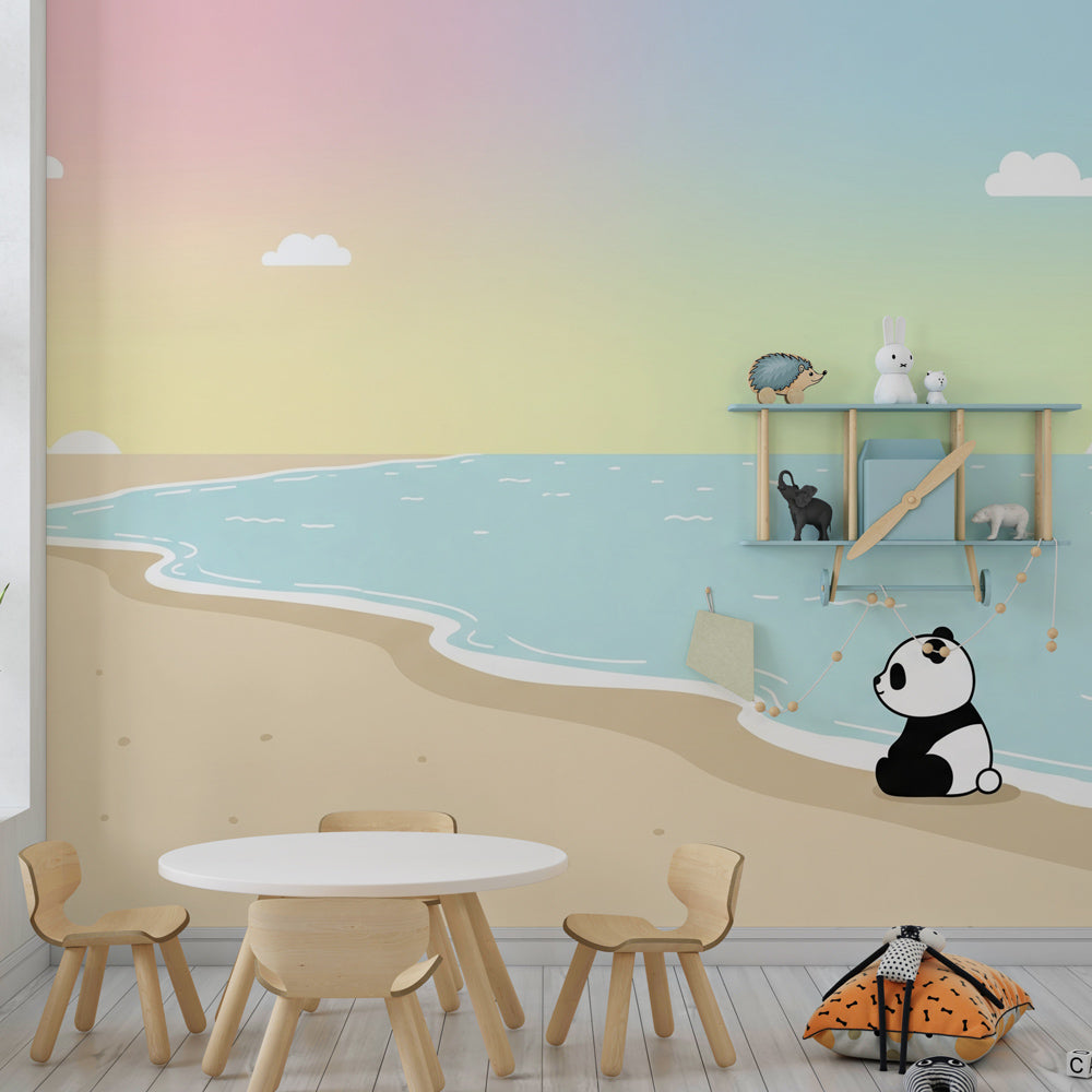 Beach themed panda mural wallpaper for kids playroom with pastel colors
