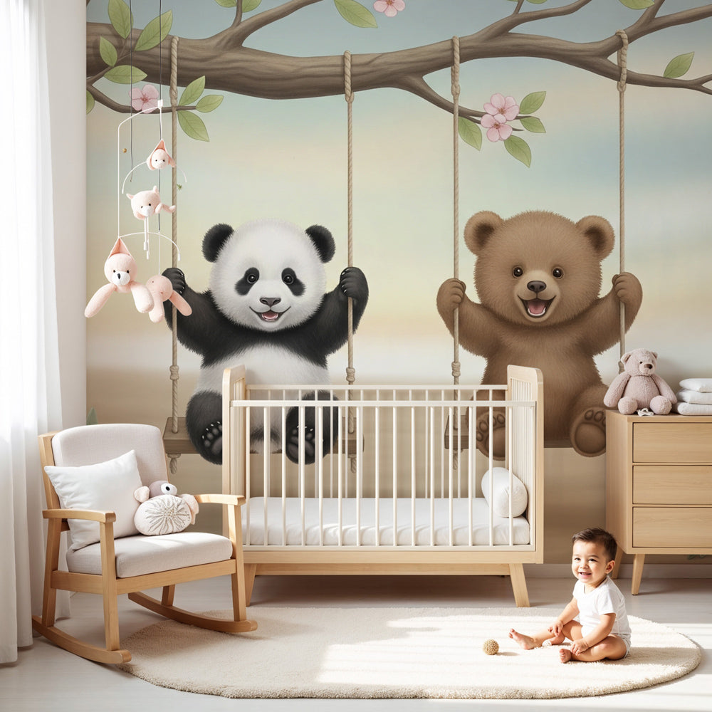 Kids-Mundo panda and bear cub swing wall mural shown in a soft, calming baby nursery