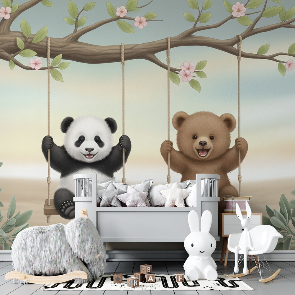 Soft pink blossom tree wallpaper with swinging pandas for serene baby nursery