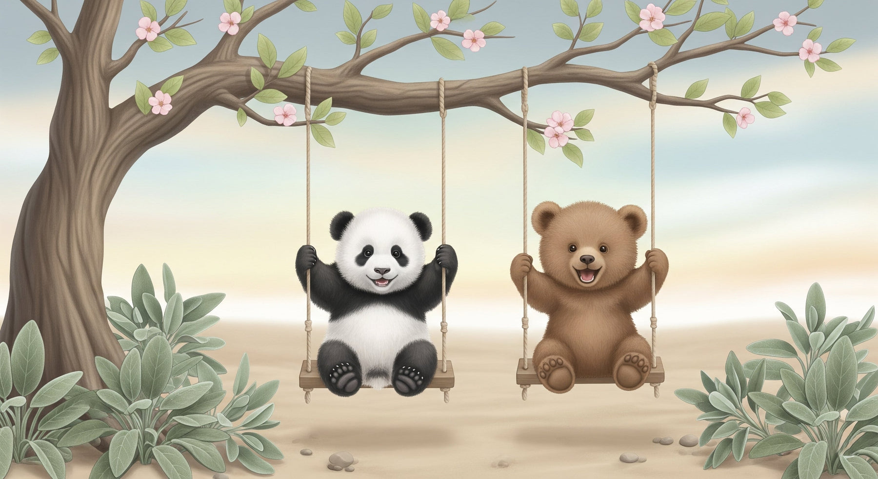 Detailed panda bear swing mural wallpaper design pattern with blossom tree by Kids-Mundo
