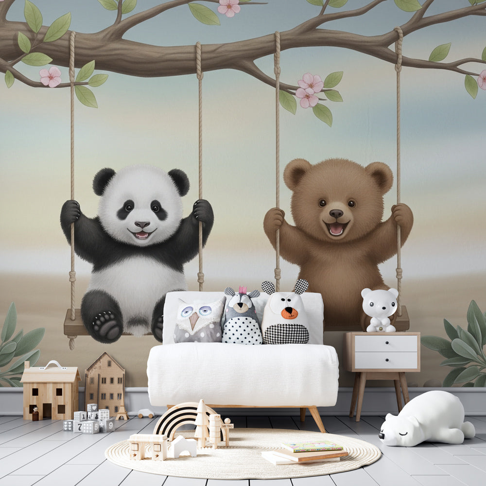 Charming panda and teddy bear wallpaper creating playful toddler bedroom decor