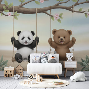 Charming panda and teddy bear wallpaper creating playful toddler bedroom decor