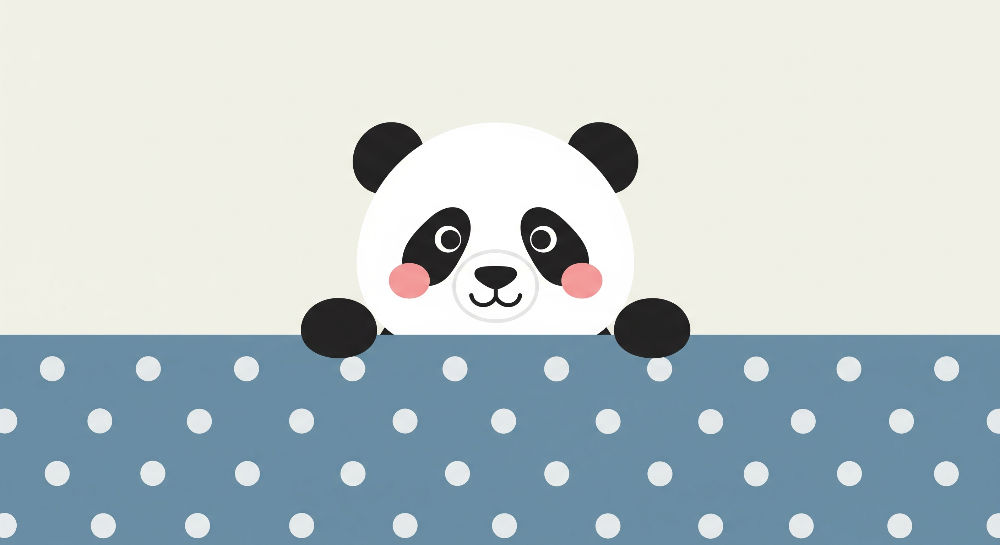 Kids-Mundo flat artwork of a panda peeking over a blue polka dot wall on beige