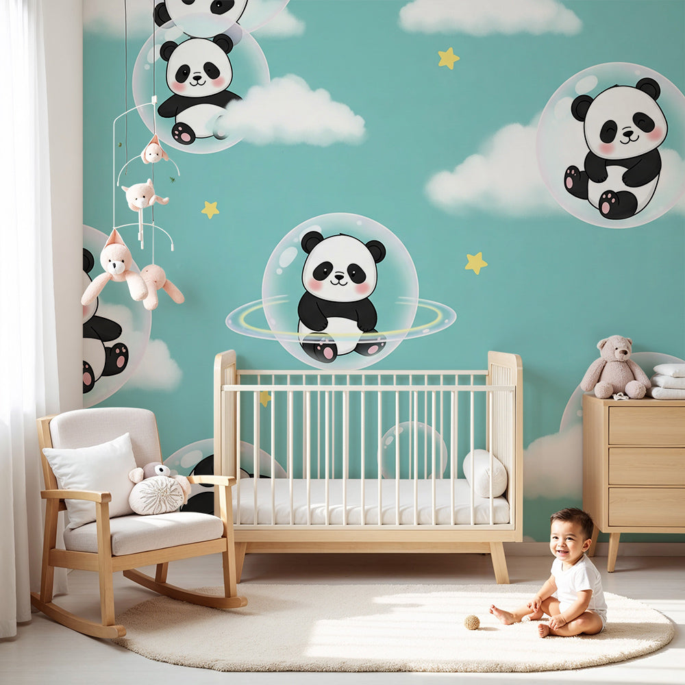 Kids-Mundo panda bubble wall mural styled in a soft mint nursery corner.