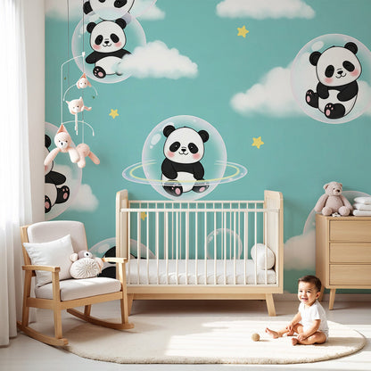 Kids-Mundo panda bubble wall mural styled in a soft mint nursery corner.
