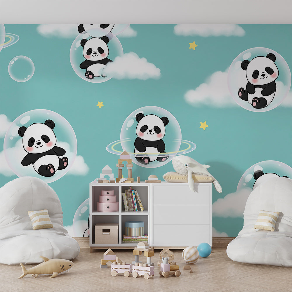 Kids-Mundo panda bubbles wall mural adding playful charm to a mint playroom.