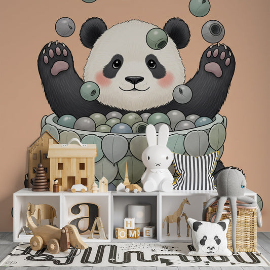 Kids-Mundo panda bubbles wall mural behind a cot in a gentle kids bedroom