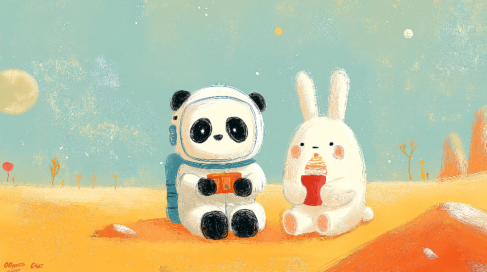 Kids-Mundo flat artwork of a panda astronaut and bunny resting on an orange planet
