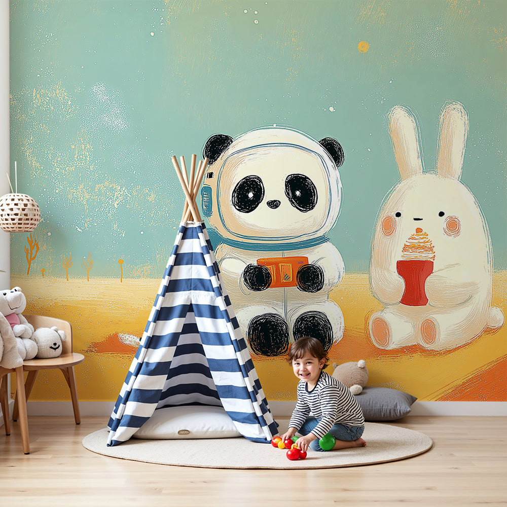 Kids-Mundo panda and bunny astronaut wall mural styled in a warm orange nursery with a cot