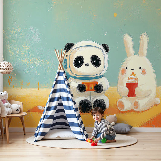 Kids-Mundo panda and bunny astronaut wall mural styled in a warm orange nursery with a cot