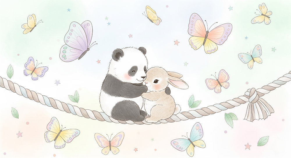 Kids-Mundo flat artwork preview of the panda and bunny butterfly wall mural design