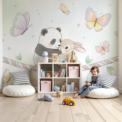 Kids-Mundo panda and bunny wall mural with pastel butterflies in a soft baby nursery