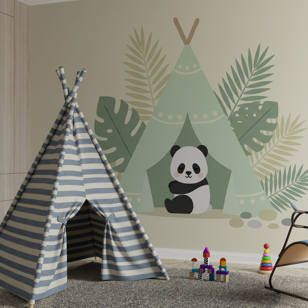 Adventure-themed panda wallpaper creating cozy camping atmosphere in children's bedroom