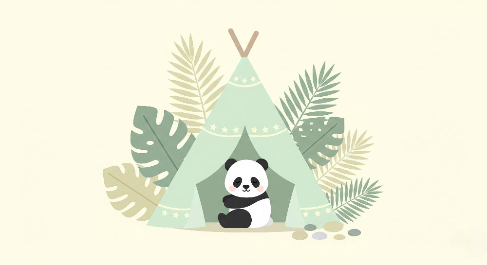 Detailed panda camping mural wallpaper design pattern with tropical foliage by Kids-Mundo