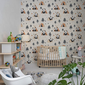 Starry panda camping mural wallpaper transforming kids room into magical forest retreat