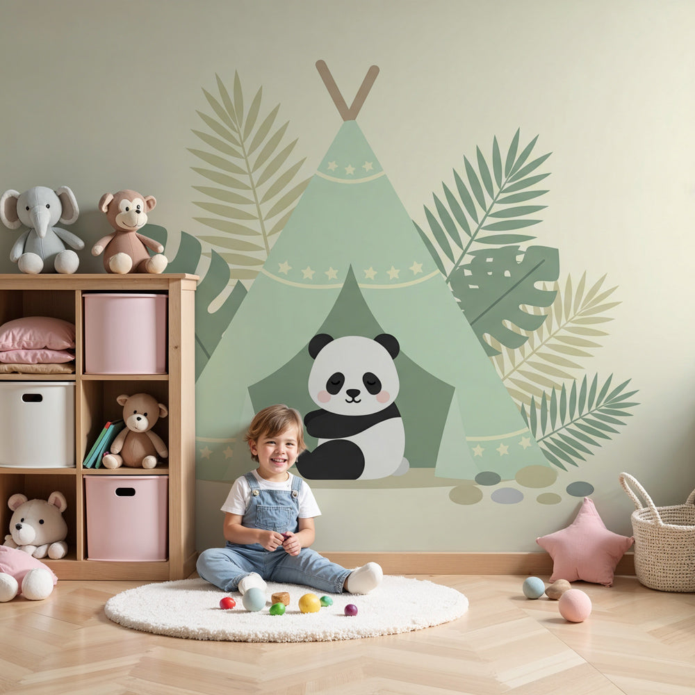 Panda camping mural wallpaper in modern nursery with natural wood furniture by Kids-Mundo