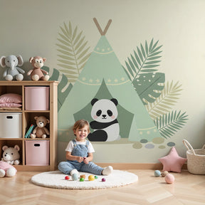 Panda camping mural wallpaper in modern nursery with natural wood furniture by Kids-Mundo