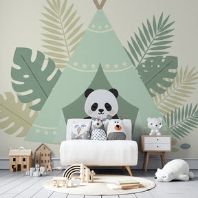 Tropical panda camping mural wallpaper transforming kids playroom into nature retreat