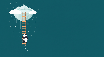 Kids-Mundo flat artwork of a panda climbing a ladder toward a starry cloud.