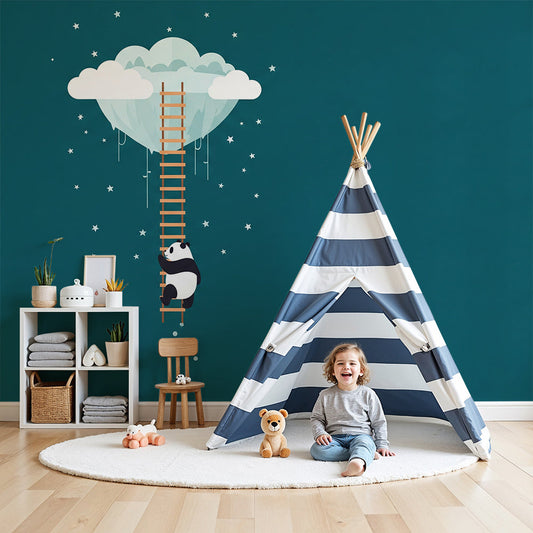 Kids-Mundo panda cloud ladder wall mural styled in a calm teal nursery corner.