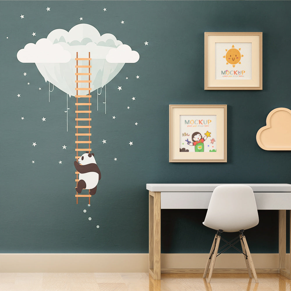 Kids-Mundo panda and ladder wall mural adding quiet adventure to a playroom.