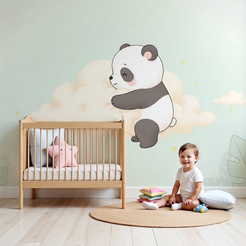 Panda cloud mural wallpaper creating serene nursery atmosphere with soft pastel tones by Kids-Mundo