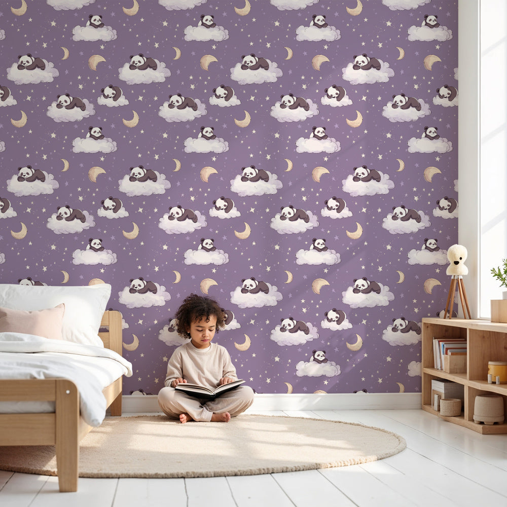 Panda cloud mural wallpaper creating dreamy purple nursery atmosphere by Kids-Mundo