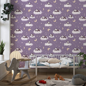 Purple panda and stars mural wallpaper for cozy kids playroom decor by Kids-Mundo